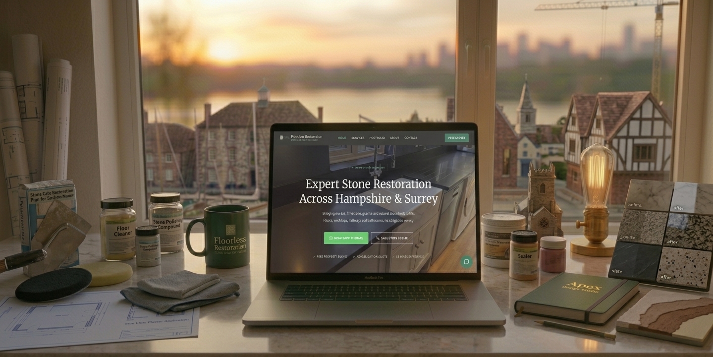 Floorless Restoration website shown on a laptop